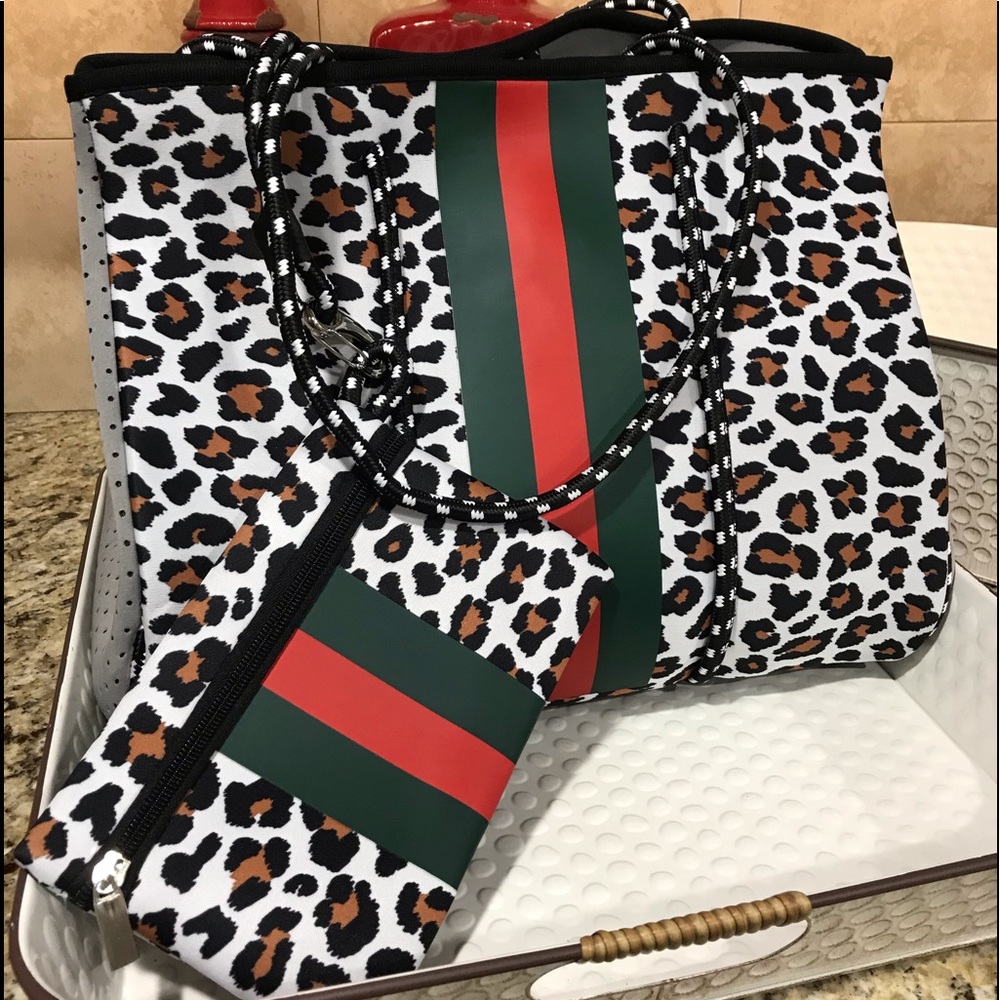 Leopard, Green & Red Neoprene Bag with wristlet
